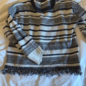 Moon River Black and White Fringed Sweater